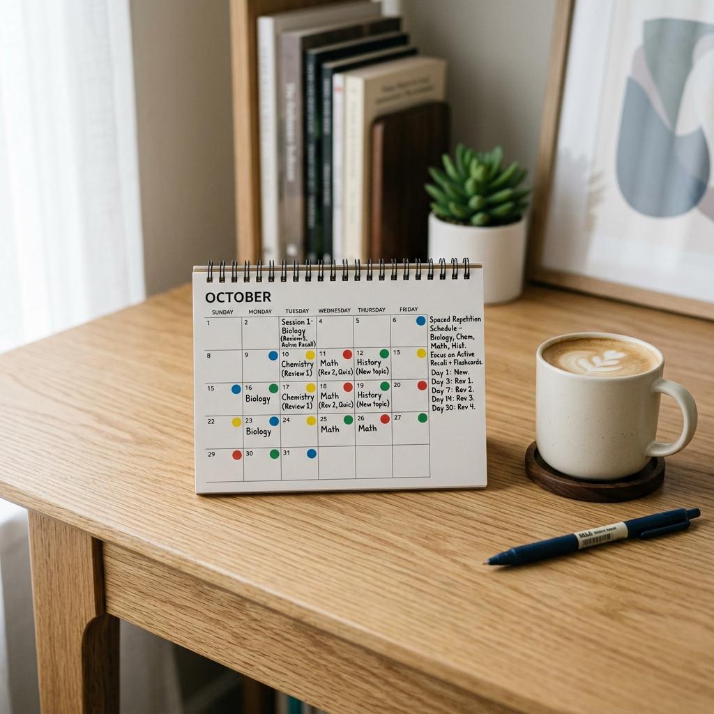 A calendar with color-coded stickers representing a spaced repetition schedule