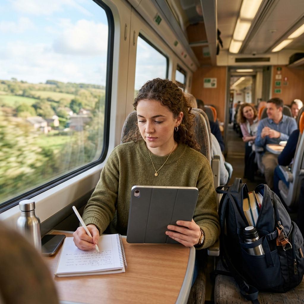 Student studying on a train using a tablet