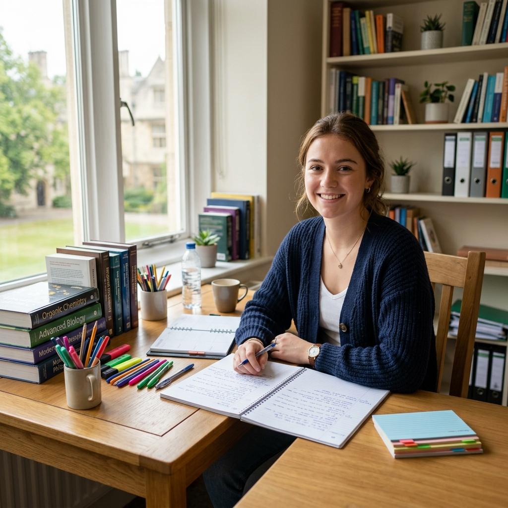 A satisfied student at a clean and organized study desk