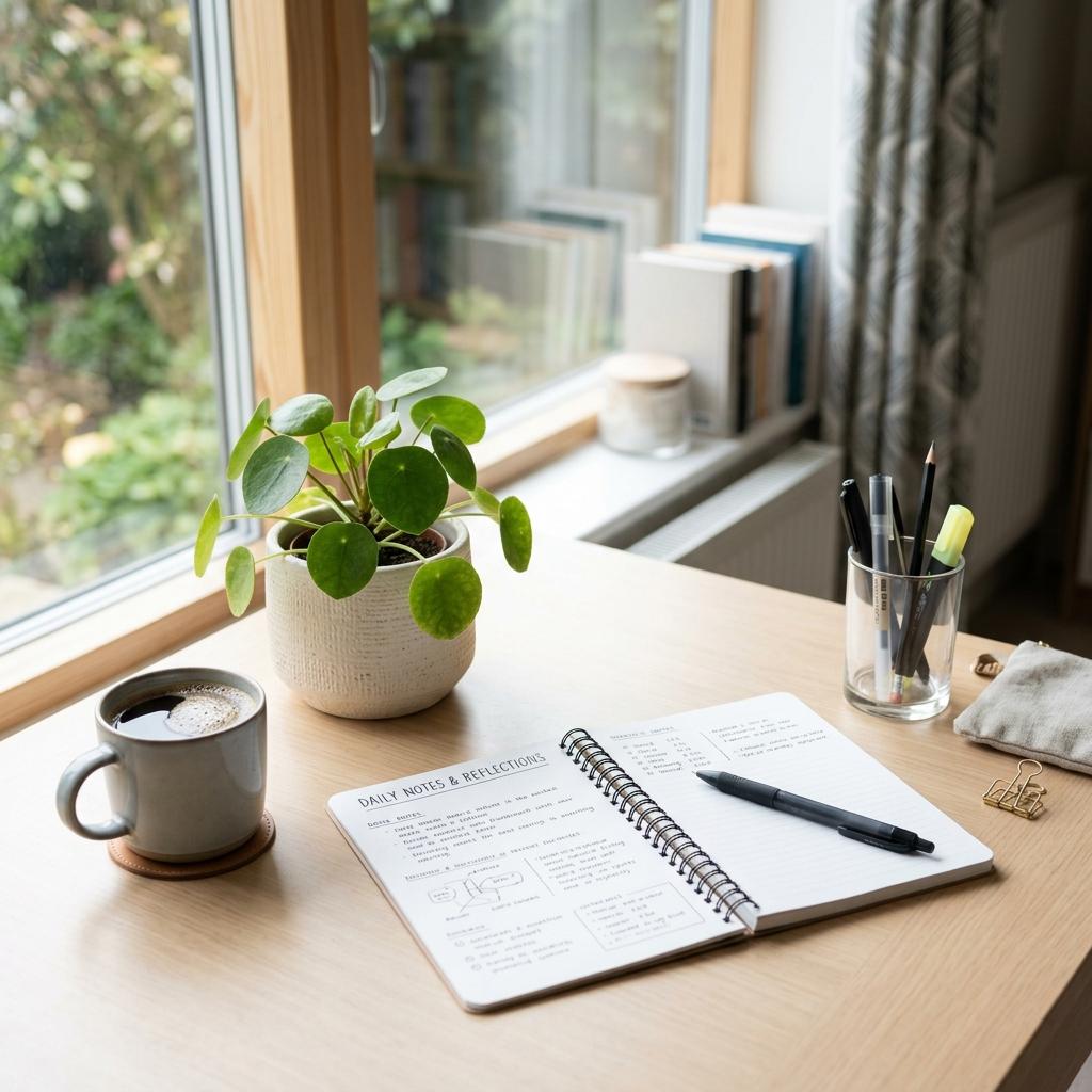 Organized minimalist study desk with notebook and stationery under natural light for ADHD-friendly studying