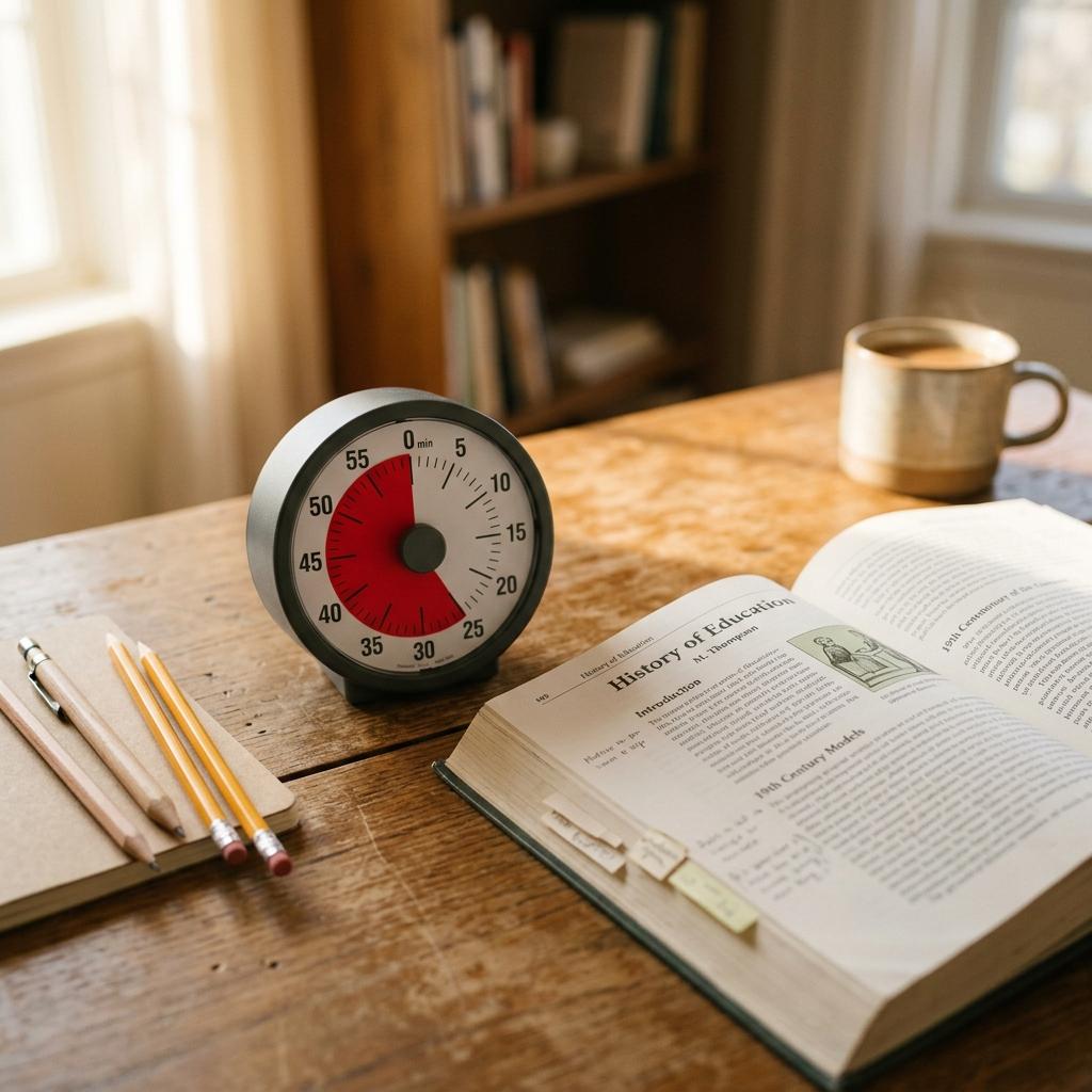 A visual timer on a study desk representing the adapted Pomodoro technique for ADHD