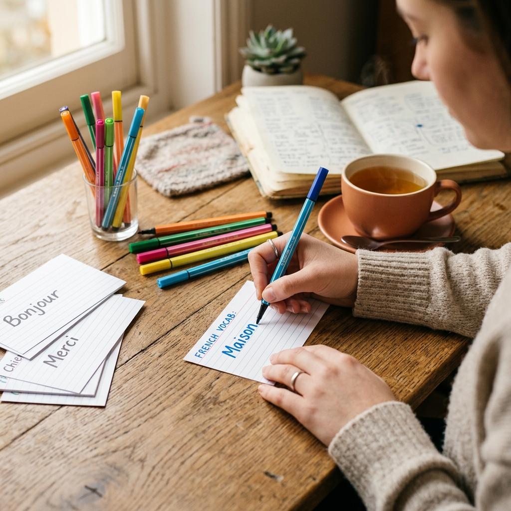 Student hands writing on flashcards for active recall and spaced repetition study methods