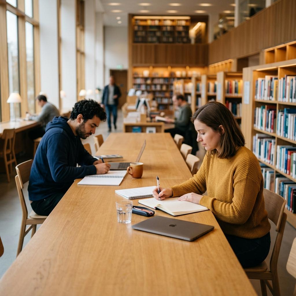 Two students studying together in a library illustrating the body doubling focus method
