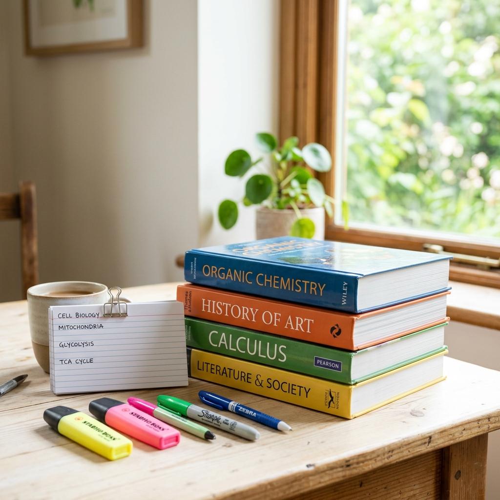 A stack of textbooks and study materials on a bright desk representing a complete study stack
