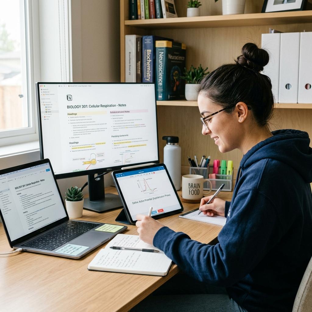 Focused student studying at a clean, modern desk with a tablet displaying active recall cards and organized notes.