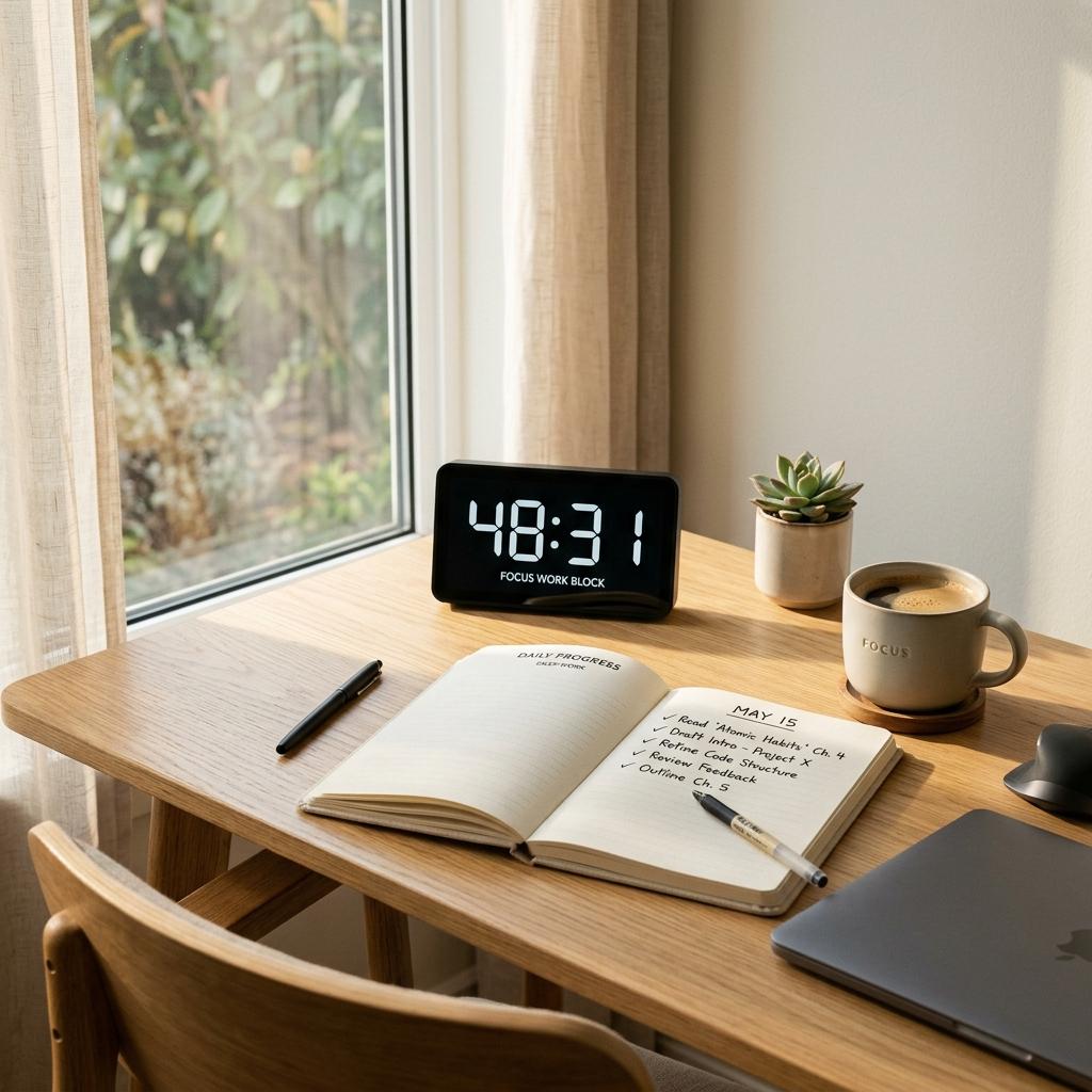 A clean, minimalist desk setup featuring a checked-off daily study checklist and a focus timer.