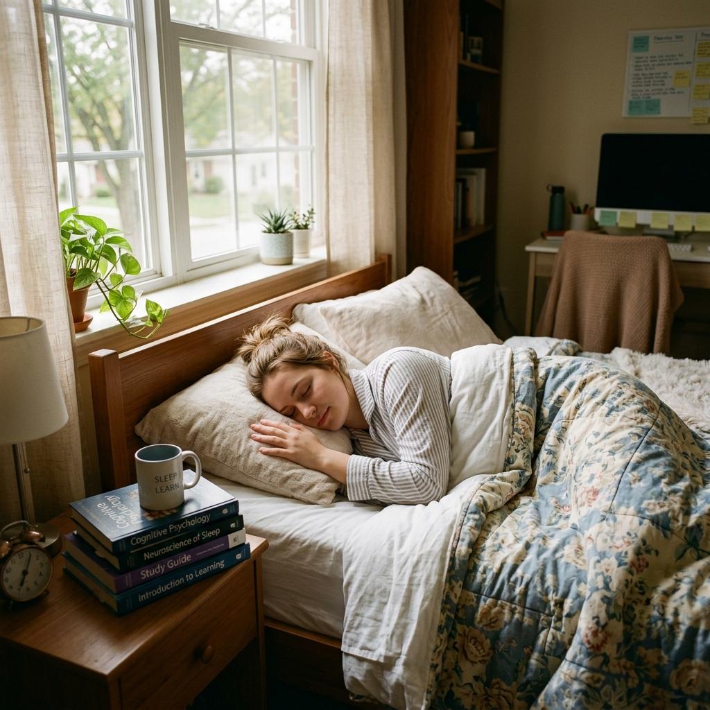 A student sleeping peacefully in a comfortable bed with books neatly organized on a nightstand.