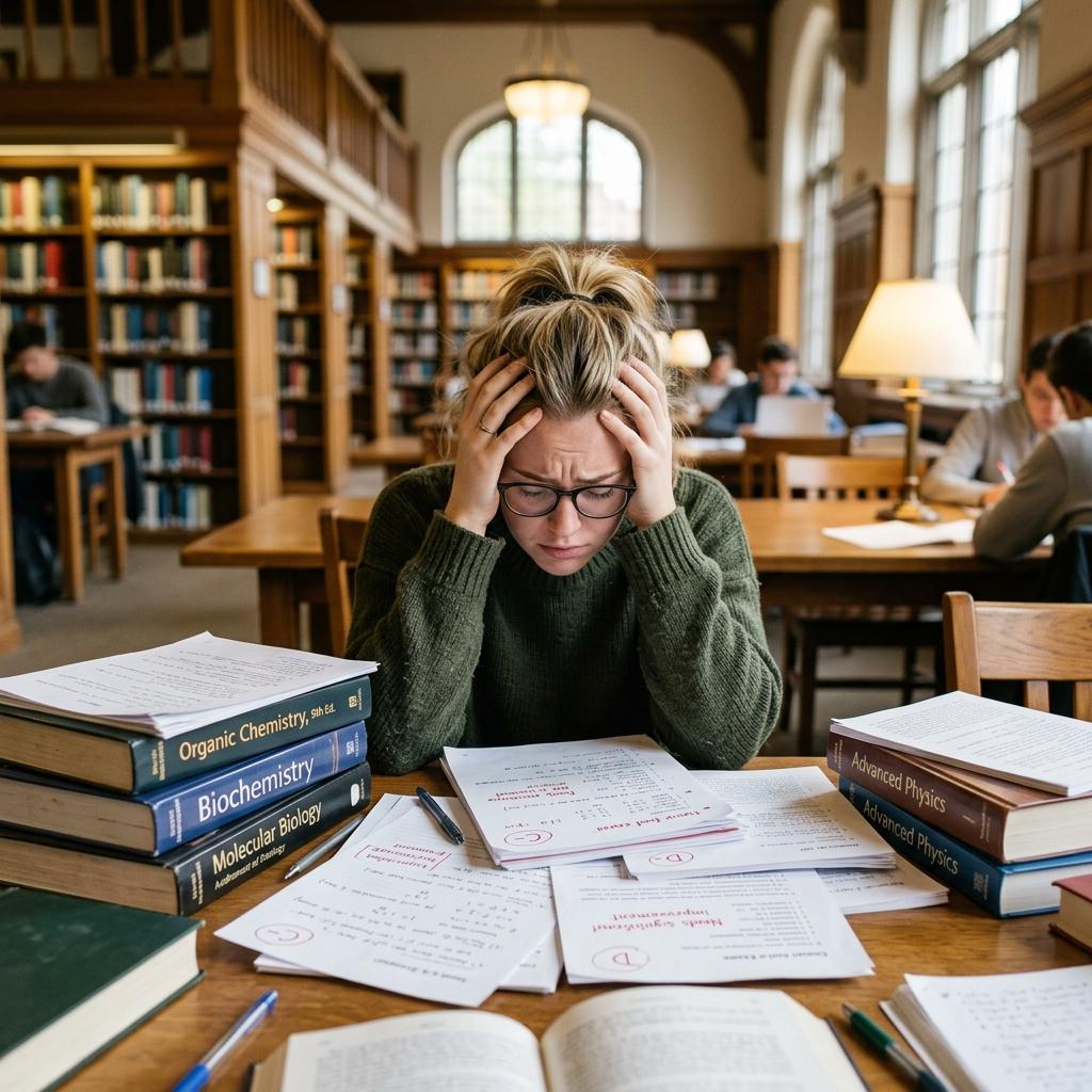Stressed student in university library feeling worried about a failing grade