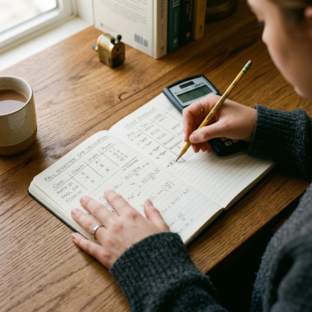 Hands calculating GPA and mapping out study schedule on paper