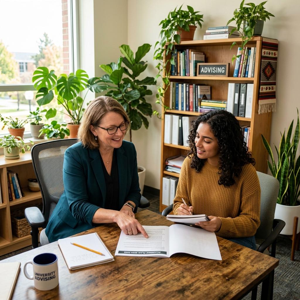 Student consulting with academic advisor in a university office