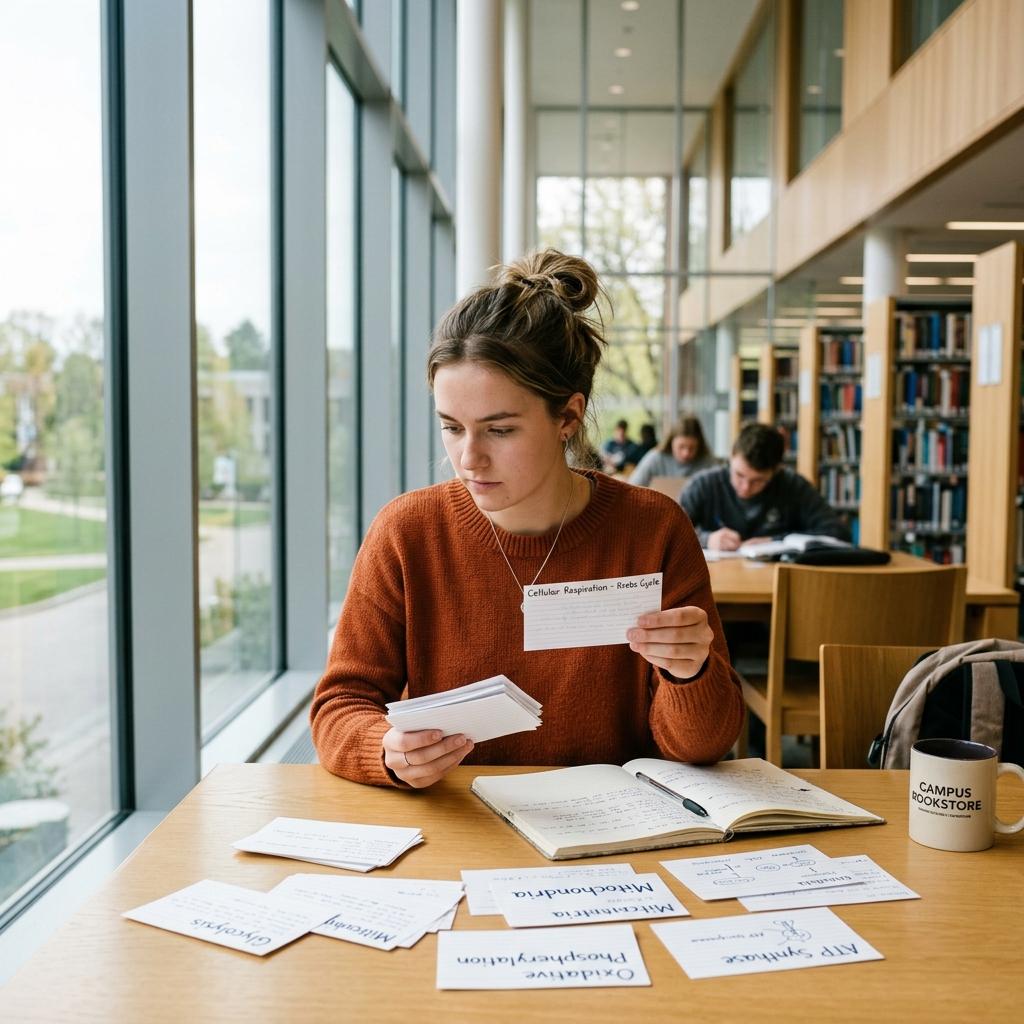 Student studying with handwritten flashcards in a sunny library setting