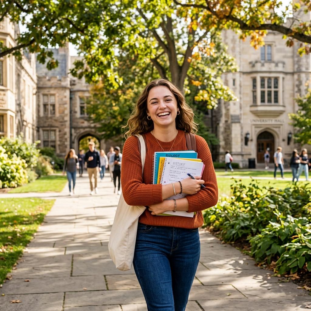 Happy student smiling and walking on a college campus with books