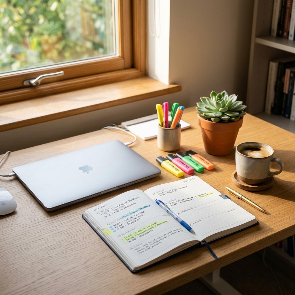 Neat and organized study desk with a laptop, planner, highlighters, coffee, and morning sunlight