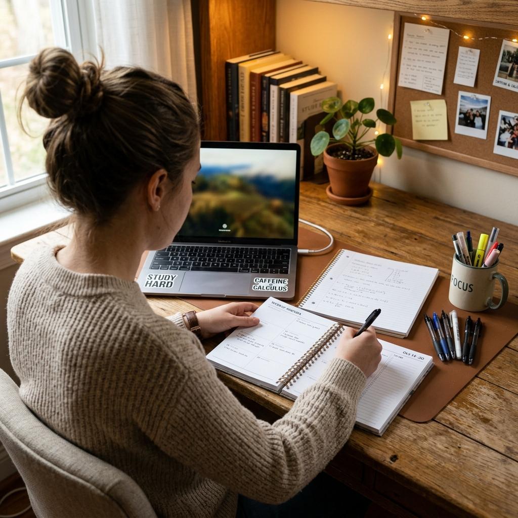 Student planning and writing in an agenda book with study supplies on a desk