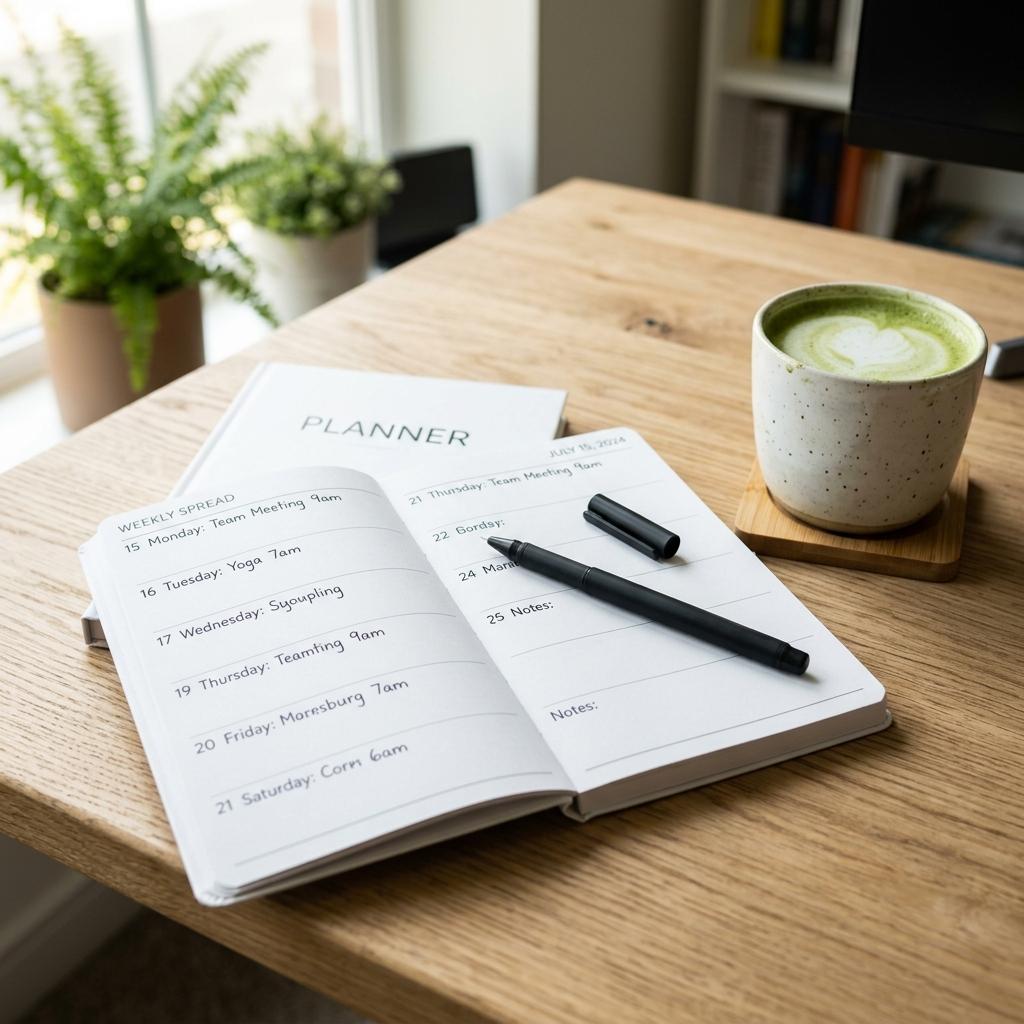Close-up of a neat calendar planner on a wooden table with a pen and tea