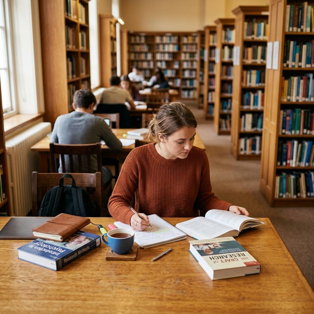 A quiet university library workspace with books and study materials