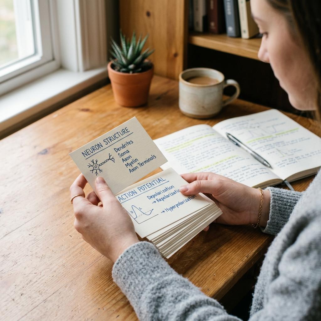 A student holding physical flashcards for active recall study session