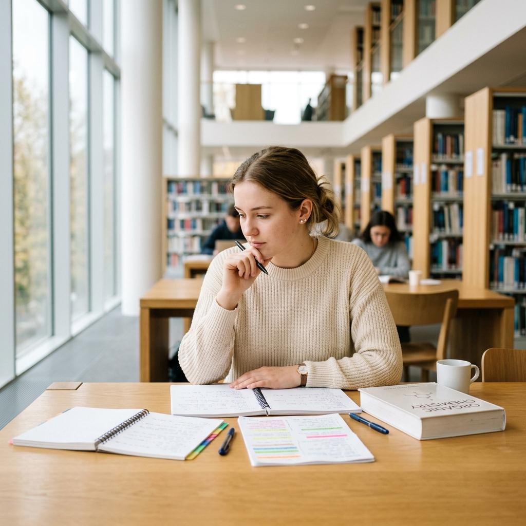 Focused student organizing study notes and textbooks to find study methods that actually work