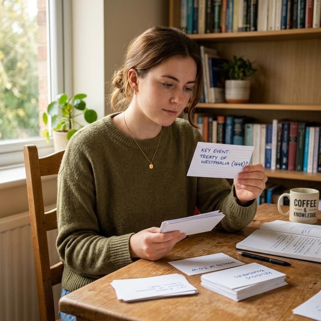 Student holding physical flashcards, practicing active recall and retrieval practice in a sunny room