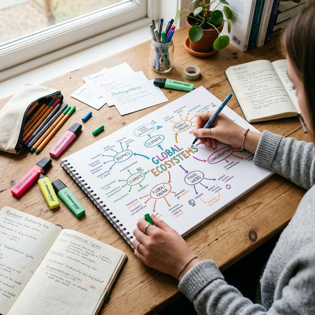 Student's hands drawing a clean, colorful mind-map diagram or flow-chart on a large sketchpad