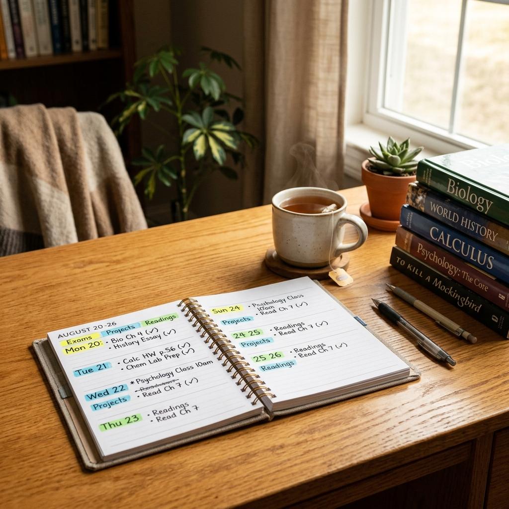 Neat study desk with a planner showing a spaced repetition schedule and the 2-3-5-7 revision rule