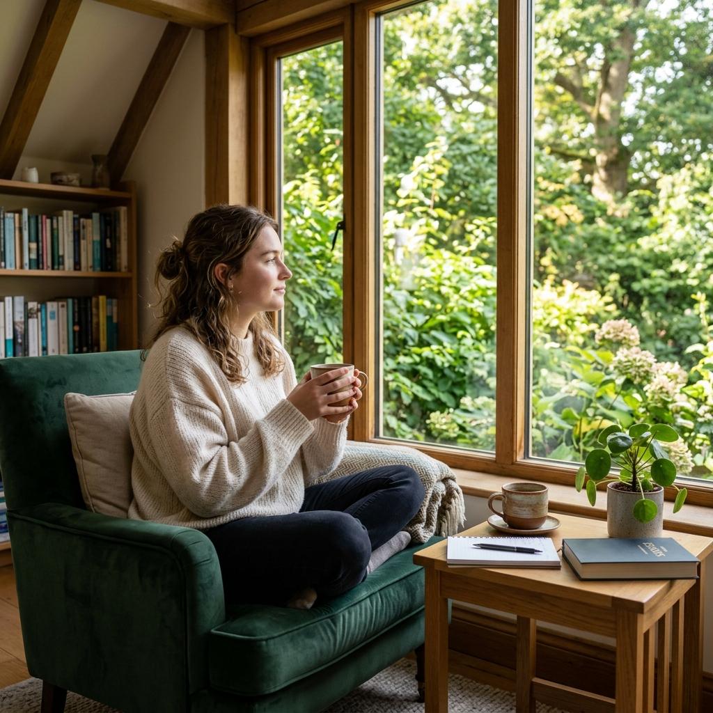 Student taking a relaxed study break holding a warm beverage near a sunny window