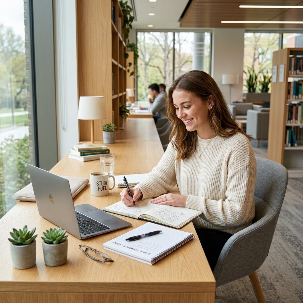 Confident student sitting at an organized study desk in a bright library