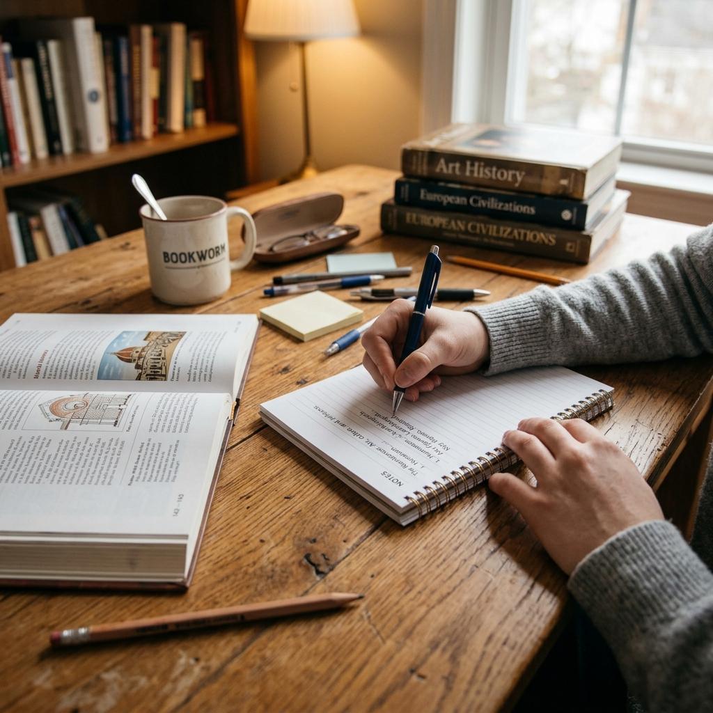 Hands writing study notes in a notebook on a clean wooden desk