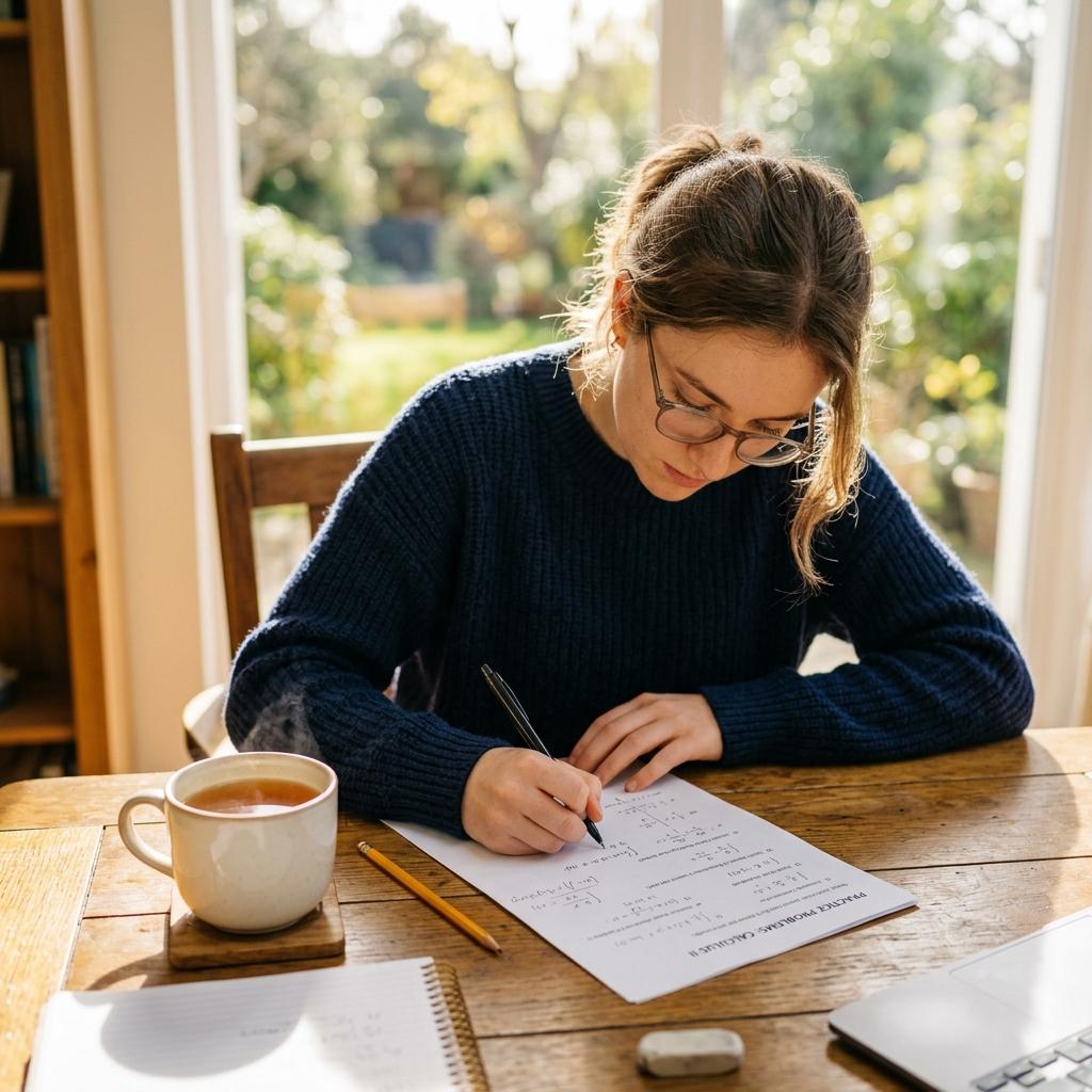 Student solving practice problems on a worksheet at a study desk