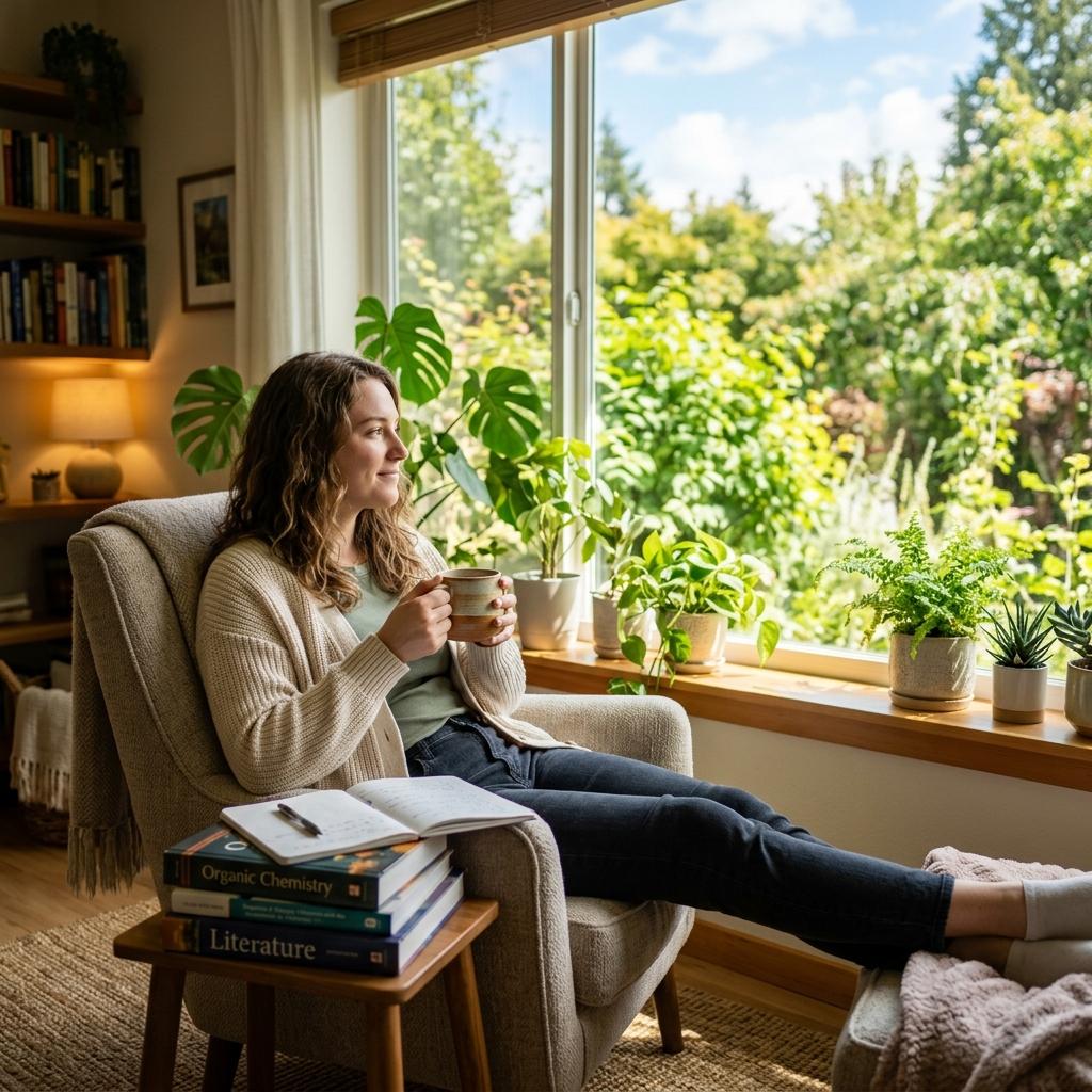 Relaxed student taking a study break with a hot drink near a window