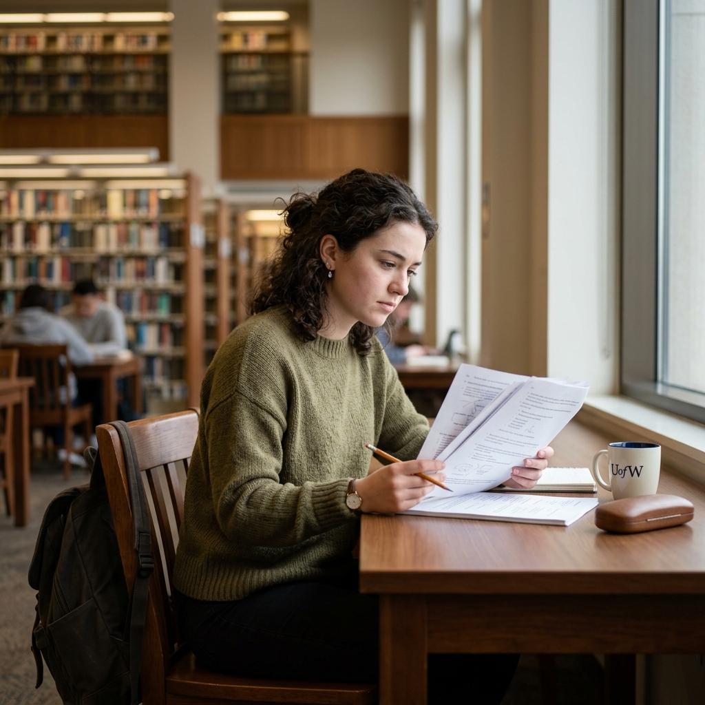 Stressed college student sitting at a clean desk in a library reviewing papers