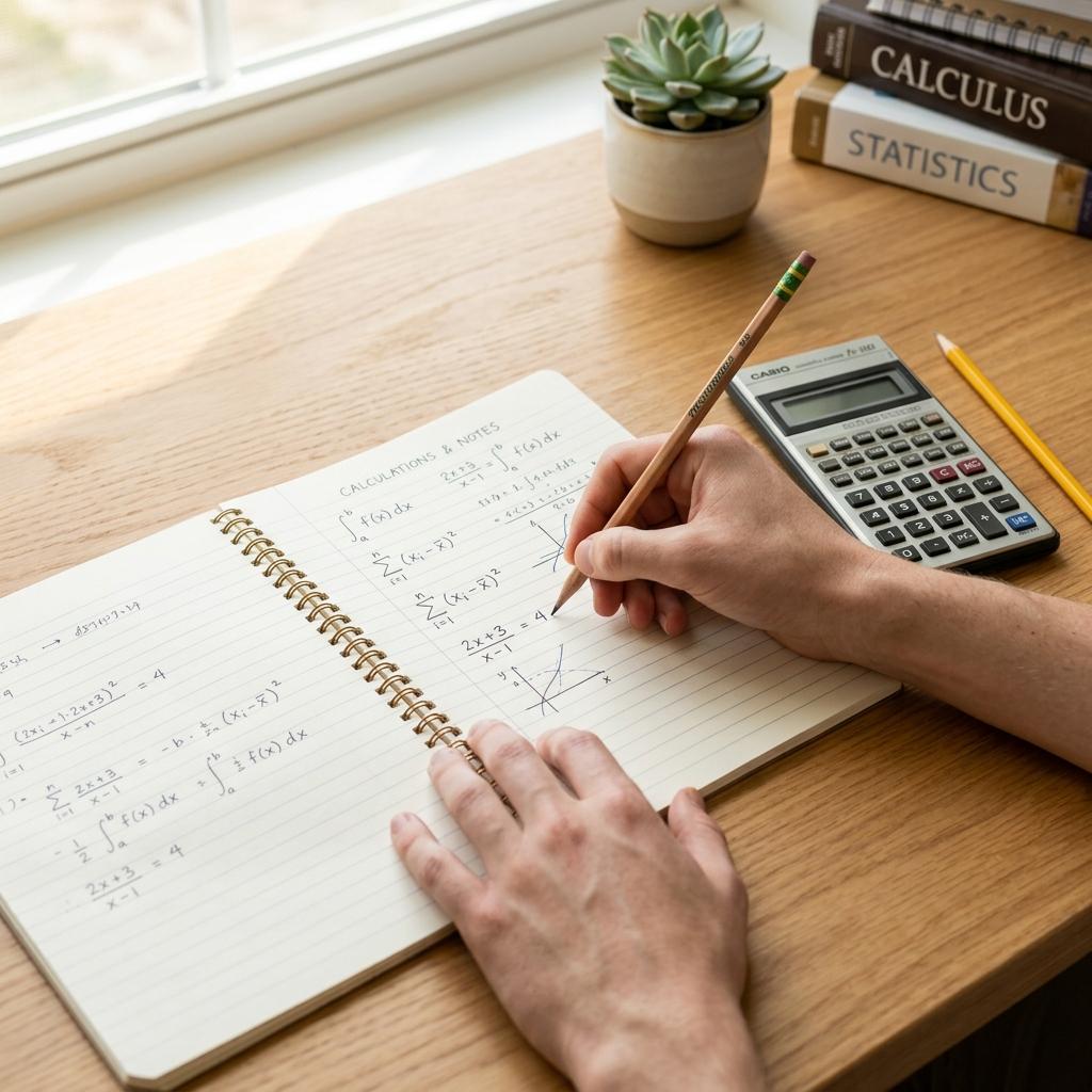 Close up of hands writing math calculations in a notebook next to a pencil and calculator on a clean wooden desk