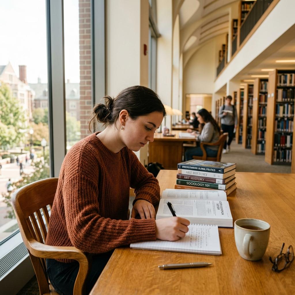 Focused student studying with open textbooks in a bright modern library
