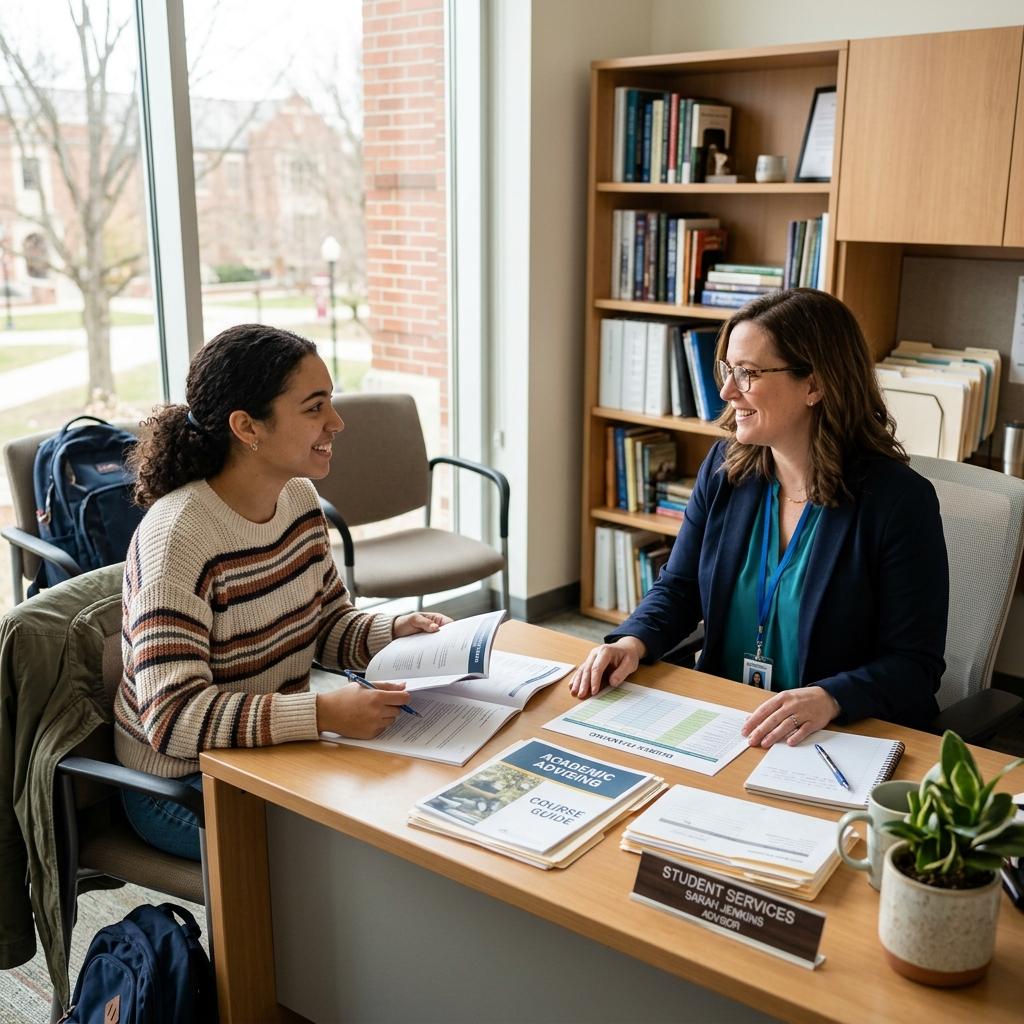 University student meeting with an academic advisor in a bright office
