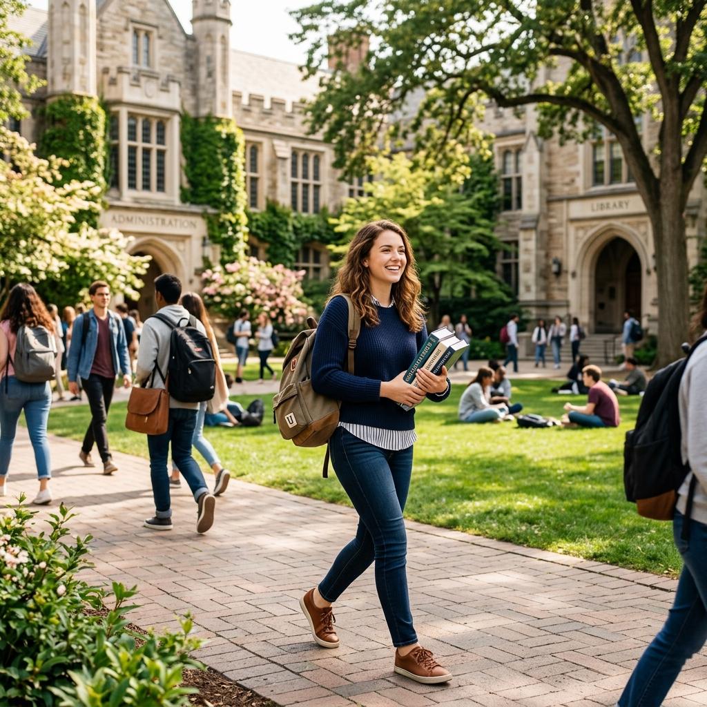 Happy student walking on a sunny university campus holding books