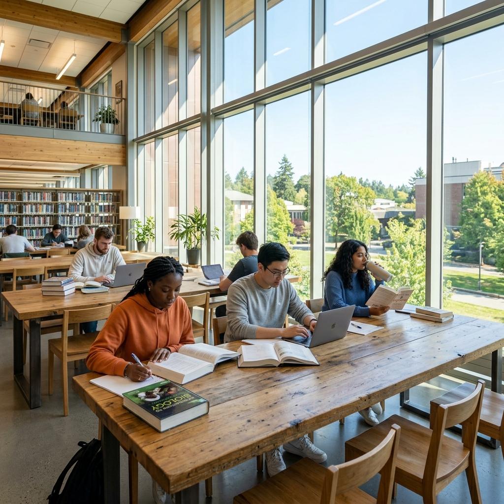 Diverse students studying in a bright, modern college library with floor-to-ceiling windows