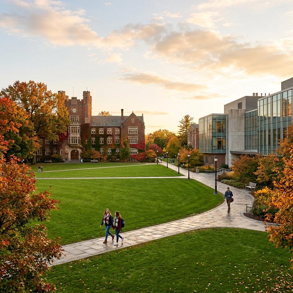 Scenic view of a beautiful university campus quad during golden hour