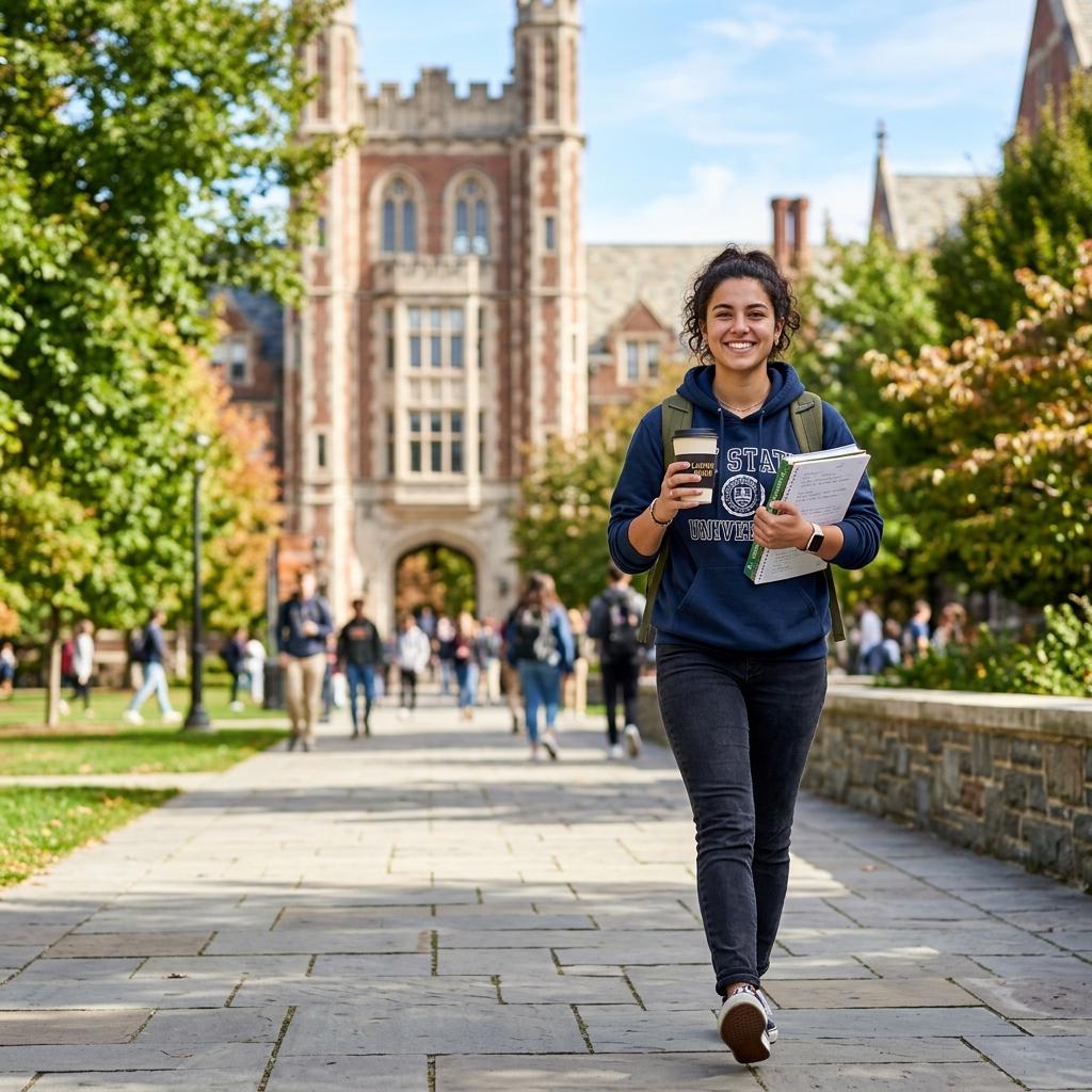 Smiling college student walking on campus carrying a notebook and coffee