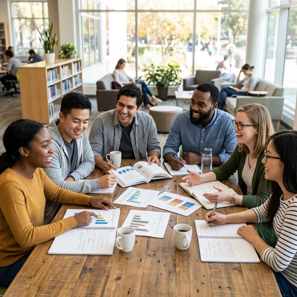 A diverse group of university students collaborating and studying around a table