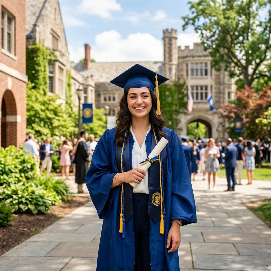 A confident university graduate in cap and gown holding a diploma on a sunny campus