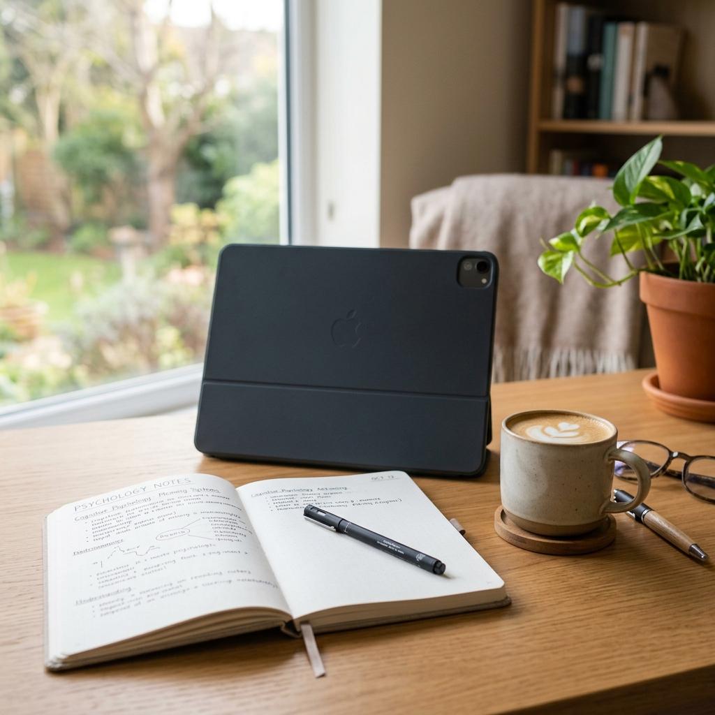 A clean, modern desk setup with an open notebook, a pen, a cup of coffee, and a tablet in natural morning light