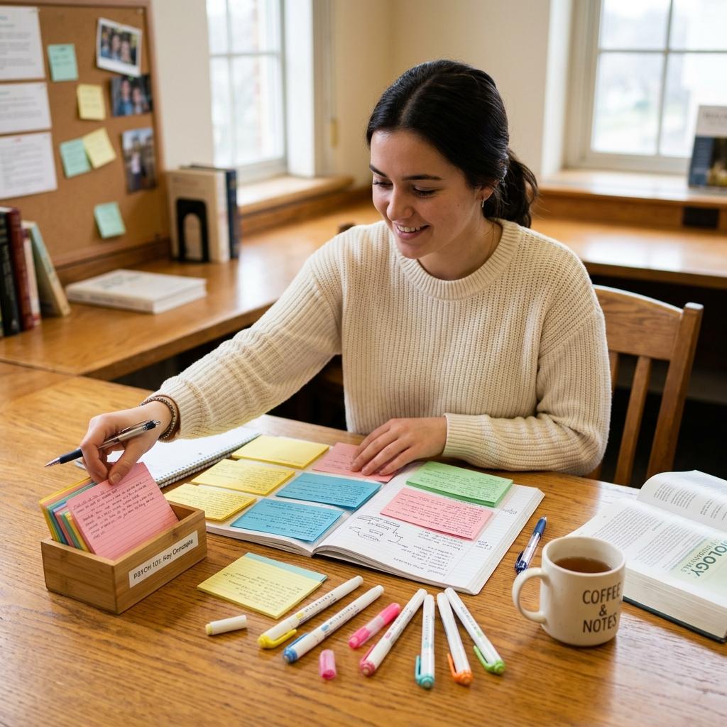 A focused student organizing colorful study cards, handwritten notes, and highlighters on a warm wooden desk