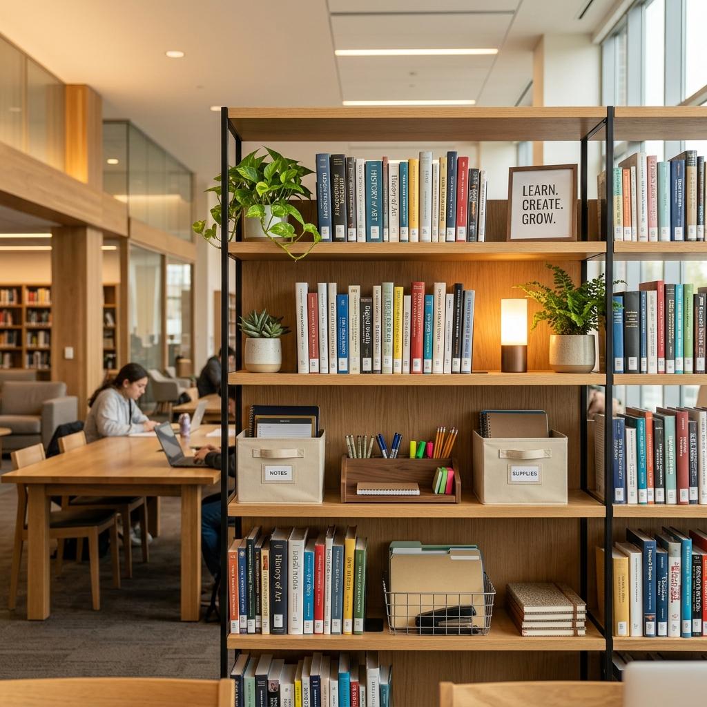 A neat bookshelf in a modern university library with books, small plants, and study organizers under warm ambient lighting