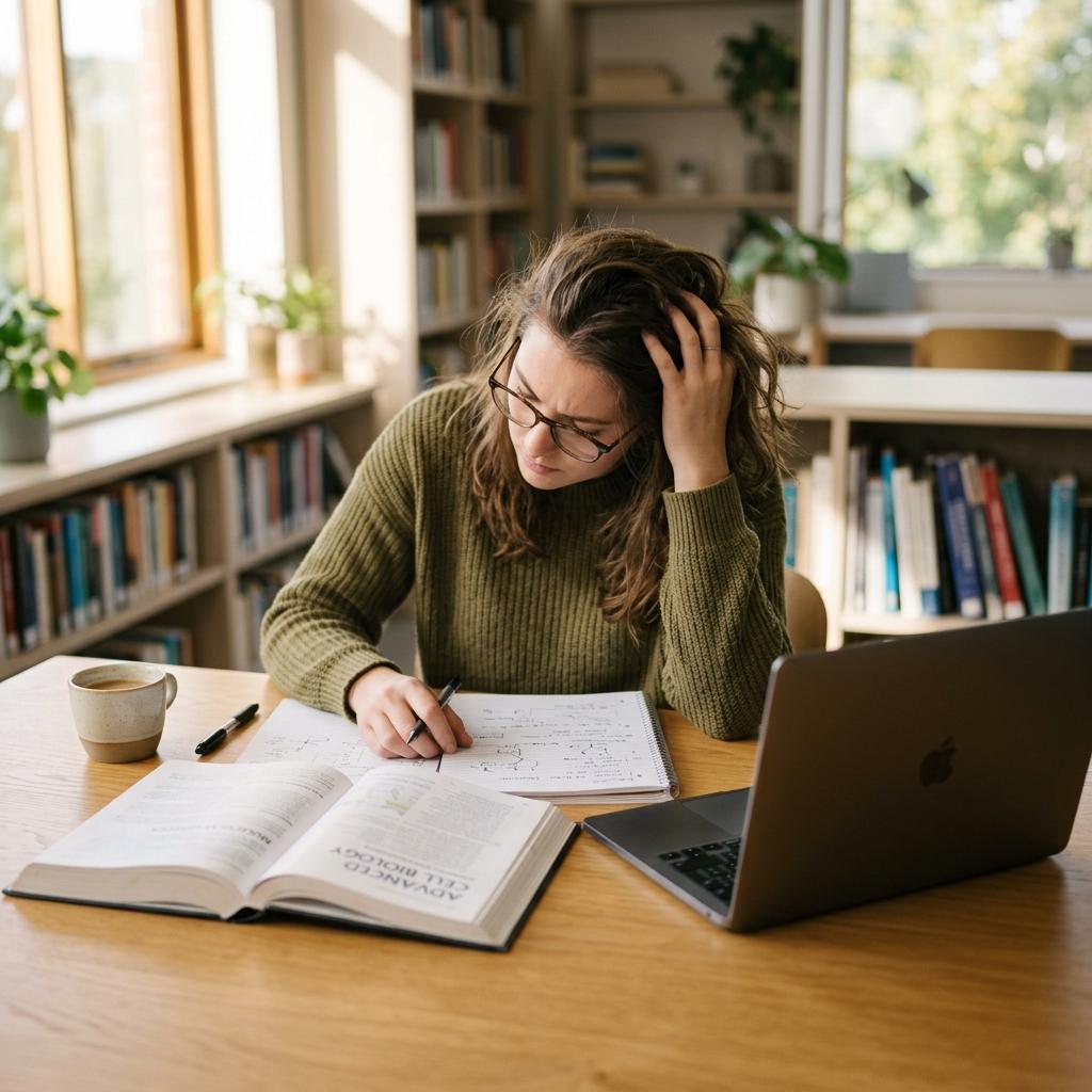A focused student sitting at a study desk in front of notes, struggling with memory recall, representing the challenge of forgetting what you study