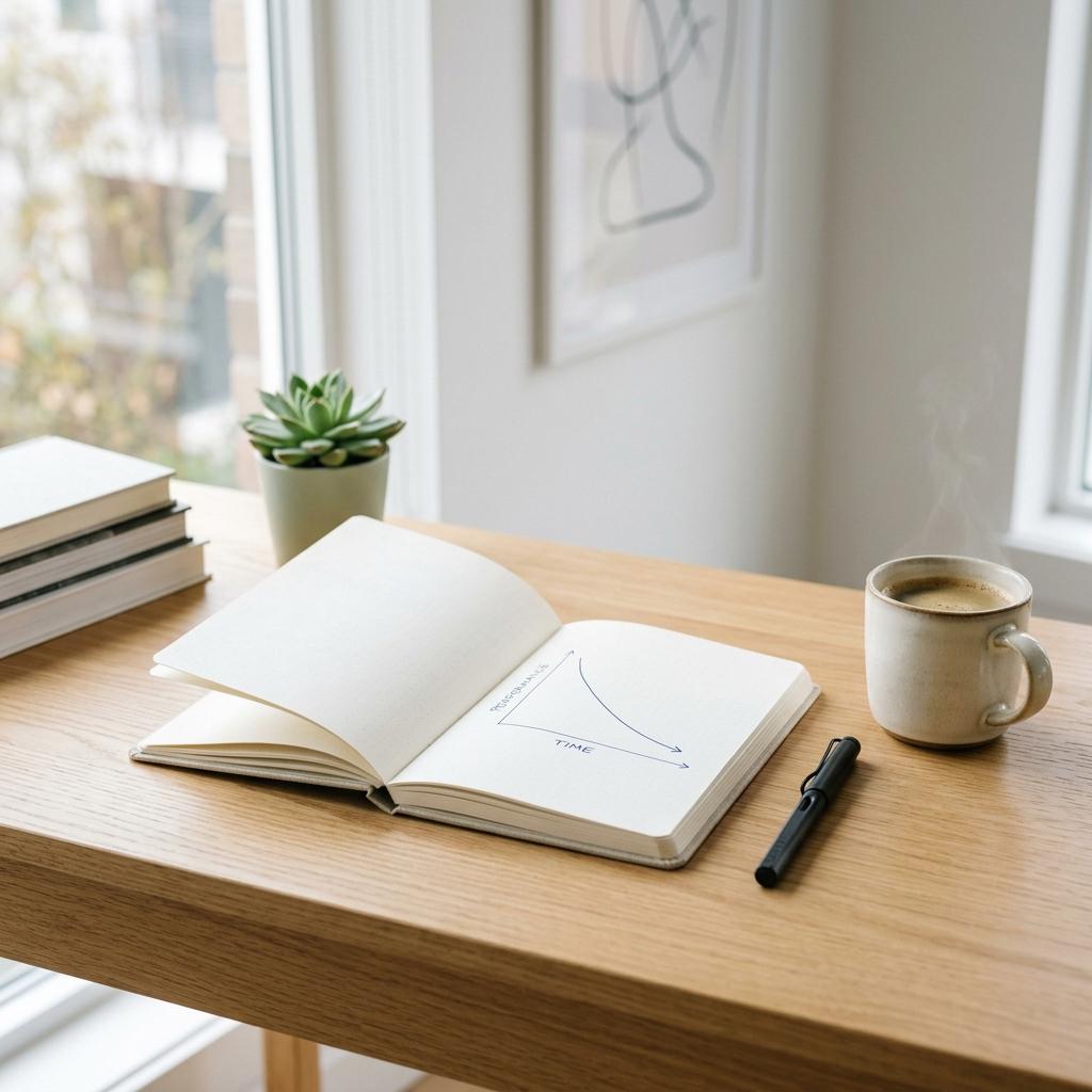 A minimalist study desk with a notebook showing a hand-drawn forgetting curve graph, representing memory decay over time