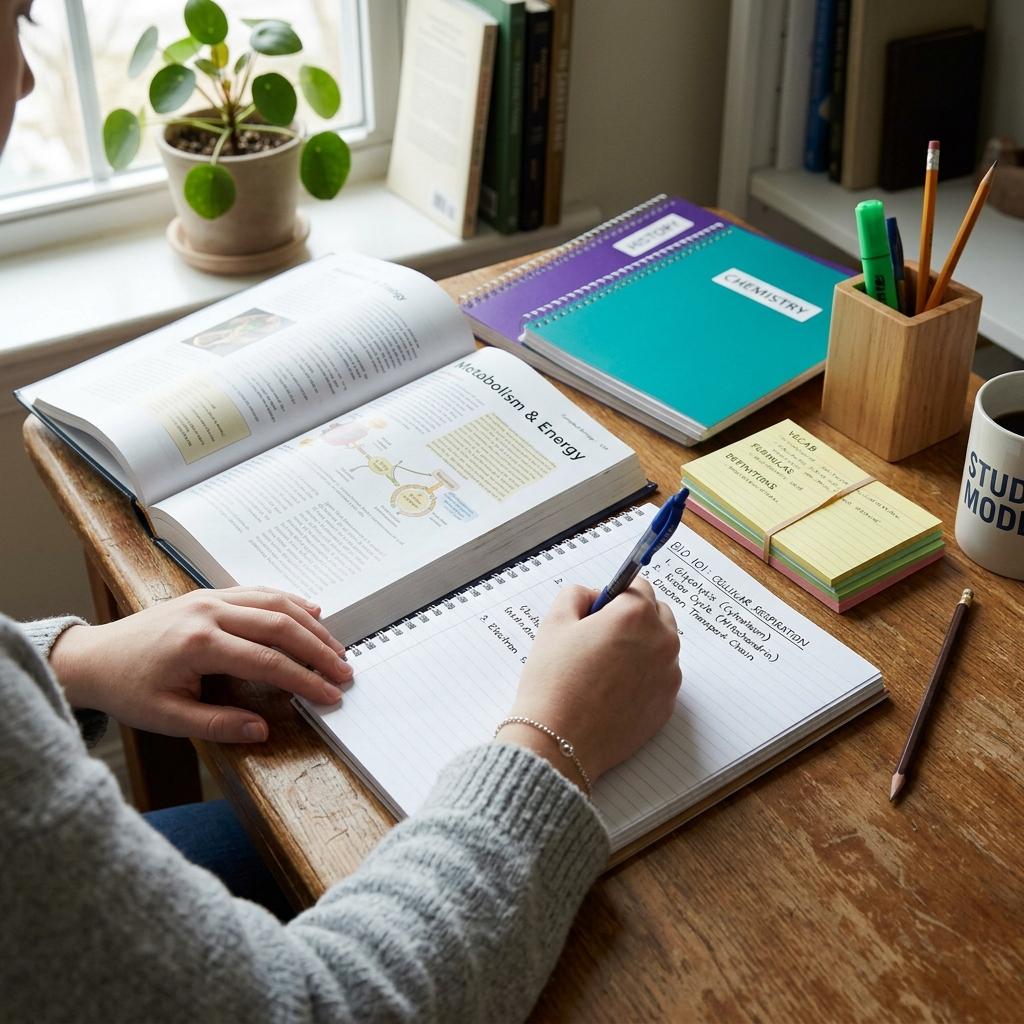 A student writing answers in a textbook and using index cards for active recall and self-testing