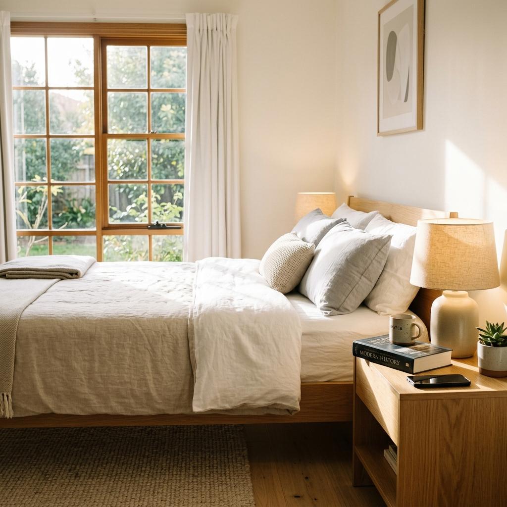 A sunny, neat bedroom with a bed and bedside table, representing sleep quality and its role in memory consolidation