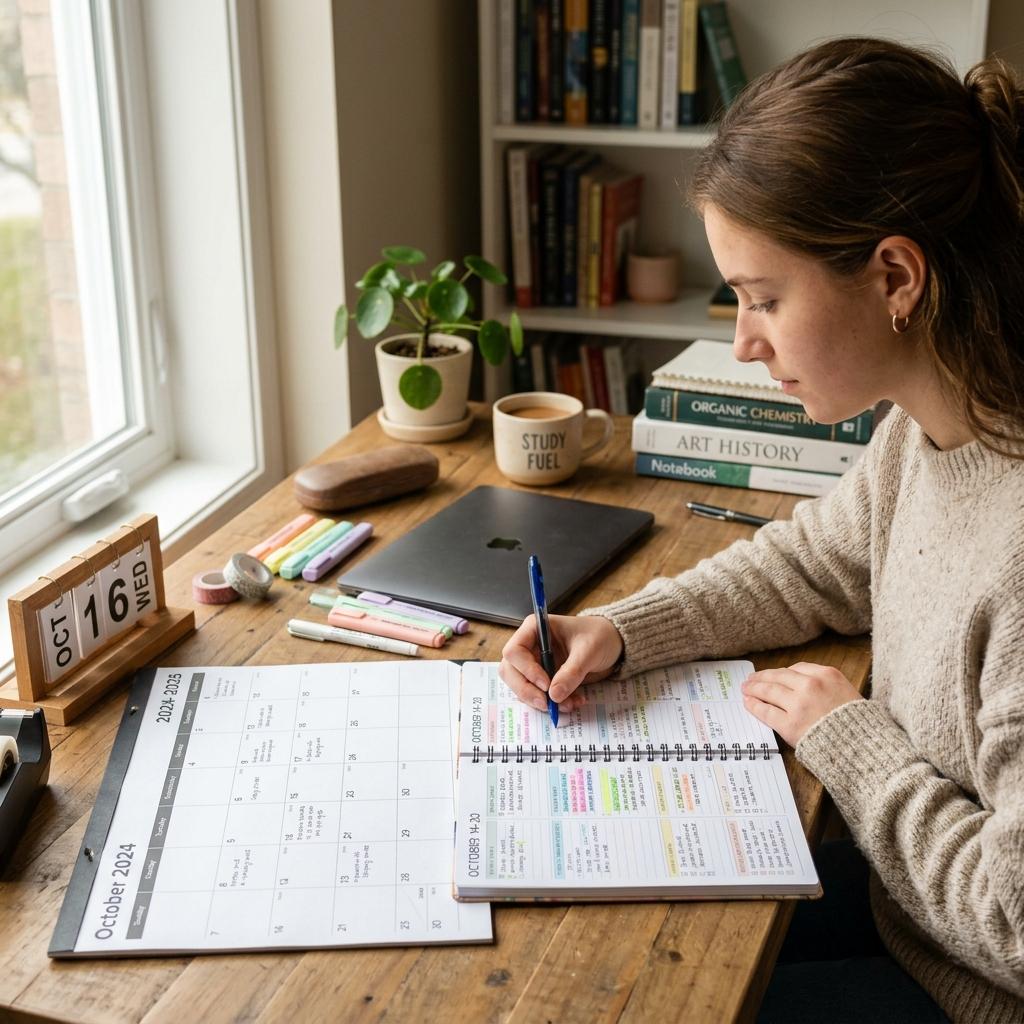 A student planning their weekly study calendar and tasks on a organized desk