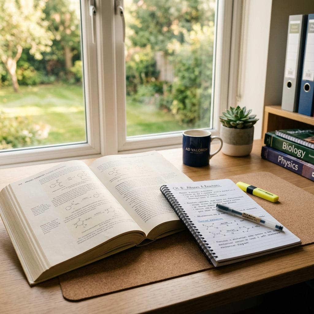 Organized desk with textbooks and notes for structured study sessions