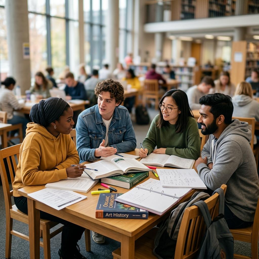 University students collaborating and studying in a study group